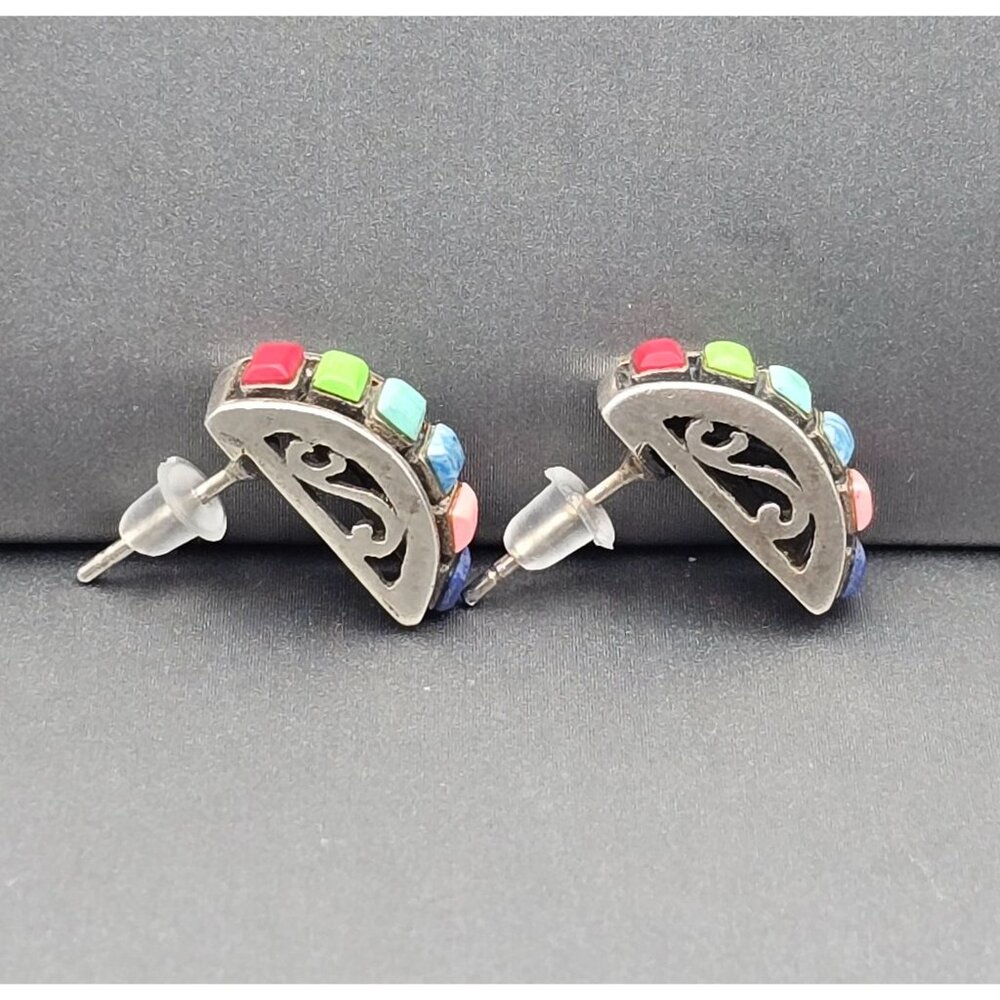 VTG Sterling Silver Multi Gemstone Earrings 5/8"x1/4" Filigree Accents Signed HS - Picture 3 of 9